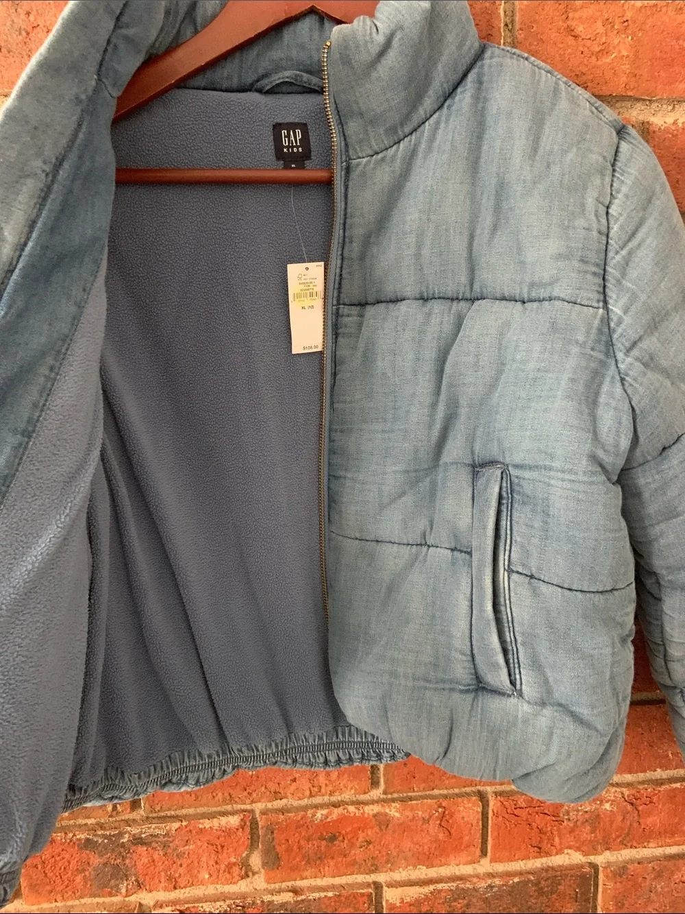 GAP Blue Denim Quilted Cropped Puffer Jacket for Kids